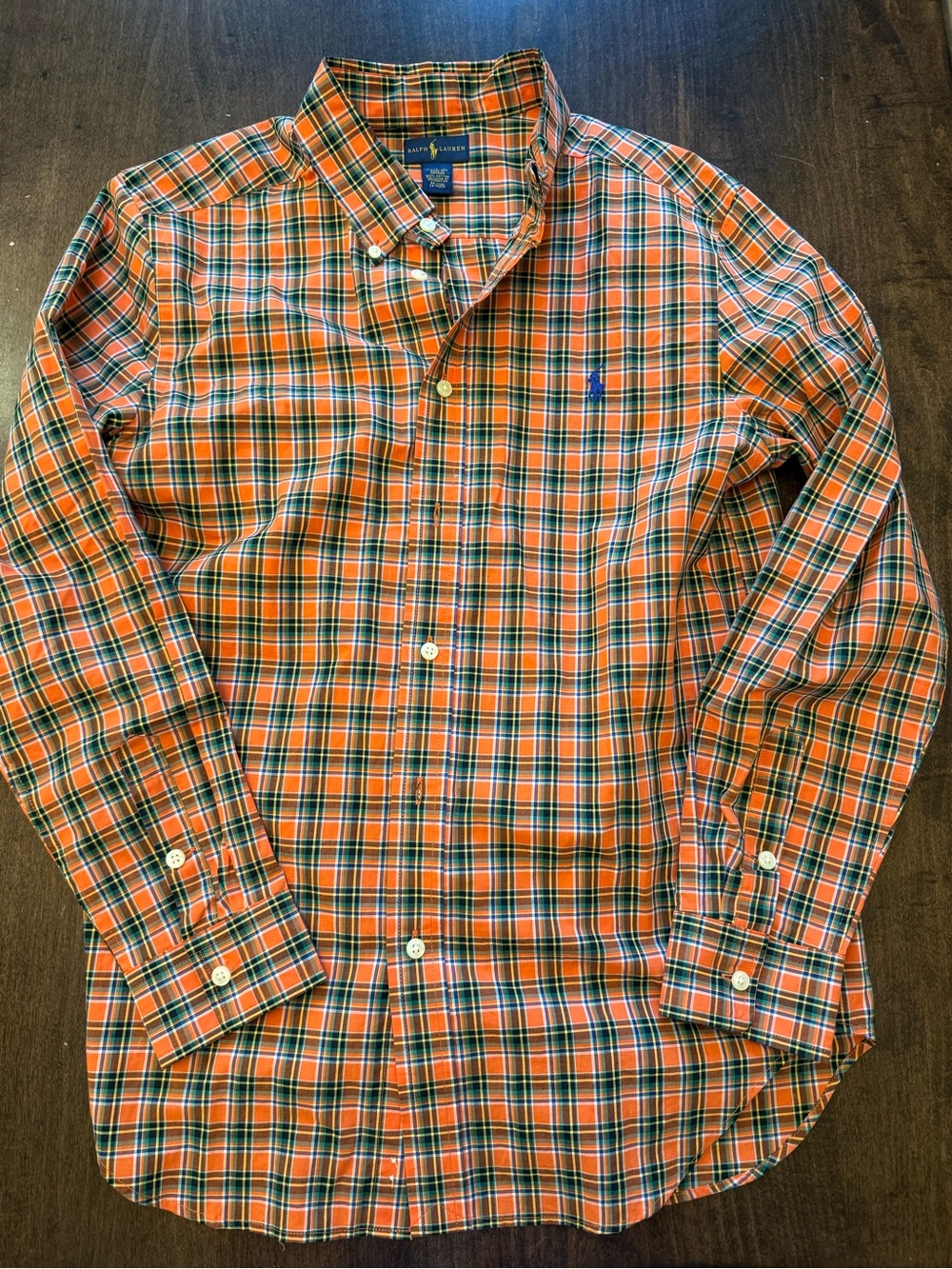 Ralph Lauren Orange and Green Plaid Button-Down Shirt - Boys size 14/16